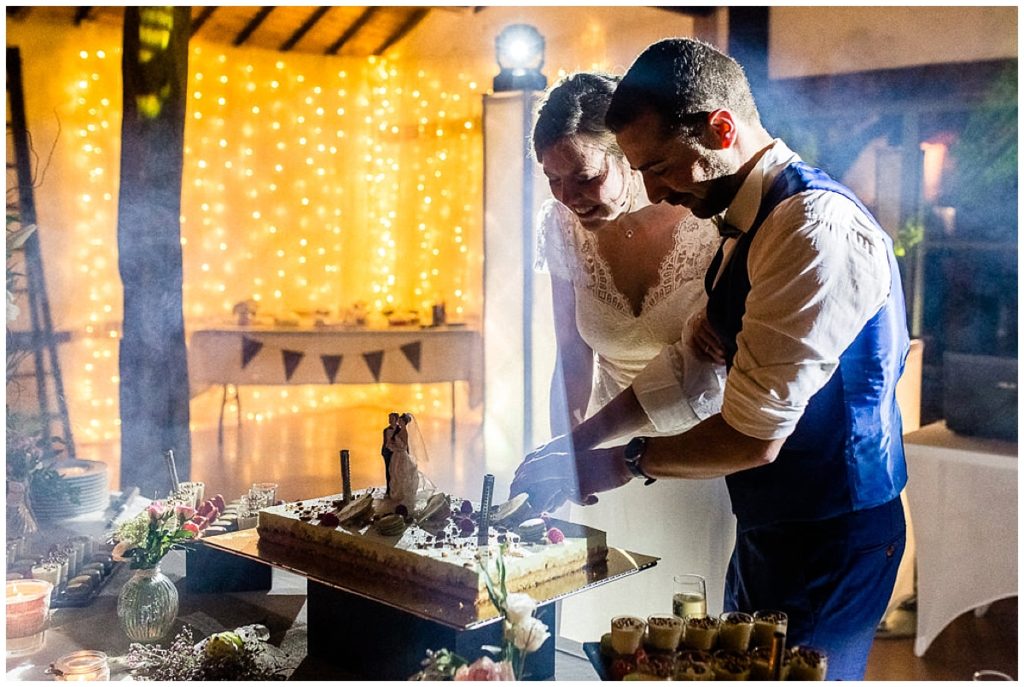 coupe du gâteau de mariage champêtre au champ delaunay