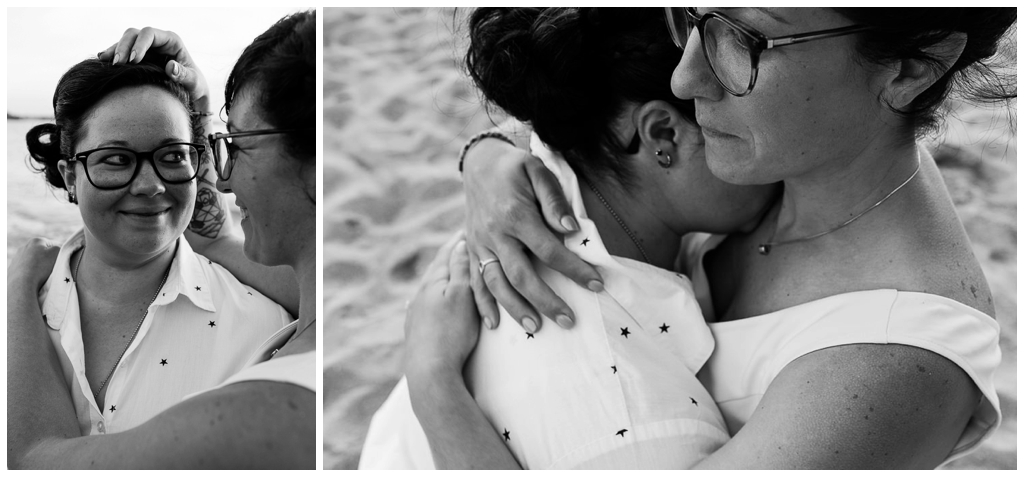 regards de femmes qui s'aiment en noir et blanc par audrey guyon photographe couple à saint Malo